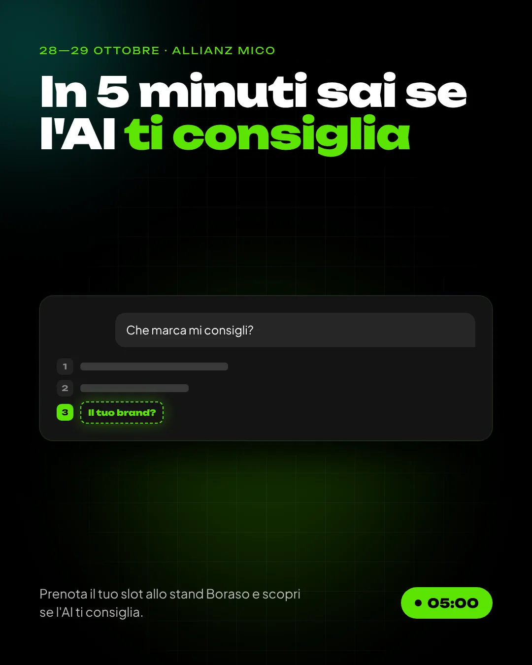 In 5 minuti sai se l'AI ti consiglia: card dell'attività Boraso a Intersections 2026
