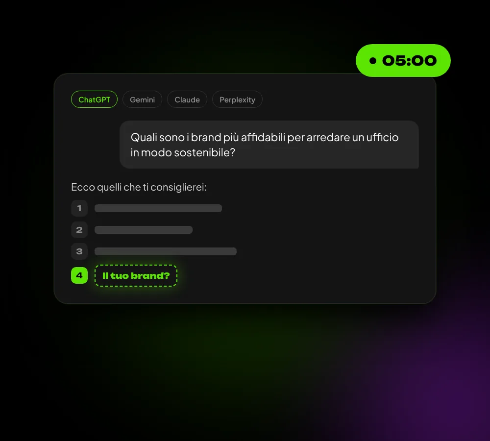 Una chat con un assistente AI che elenca i brand consigliati, con l'ultimo posto lasciato al tuo brand